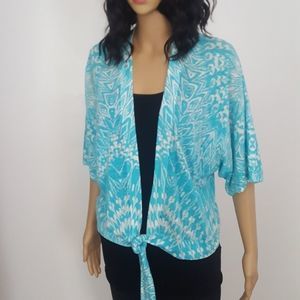 Chicos Shirt Blouse Tie Front Cardigan Teal White Womens Size Medium